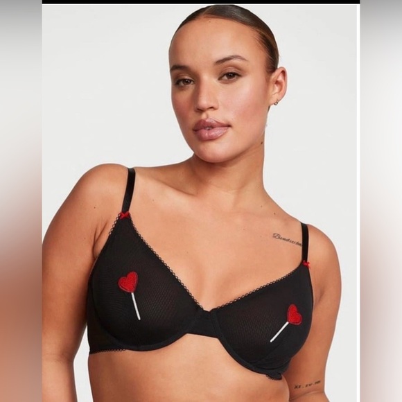 Victoria's Secret Other - Victoria’s Secret Red Heart Lollipop Unlined Demi Bra Black Sheer Mesh 32DD NWT
